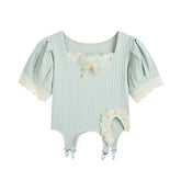 Square Collar Ribber Irregular Short Sleeve Knit Crop Top